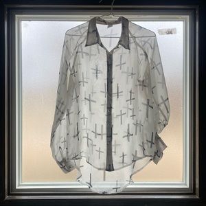 High low blouse top button up white large